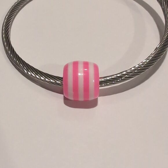 Pink and White Striped Charm for Pandora Style Bracelet - Picture 1 of 4